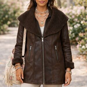 Soia & Kyo Faux Shearling Faux Suede Jacket Brown Fleece Winter Spring Fall